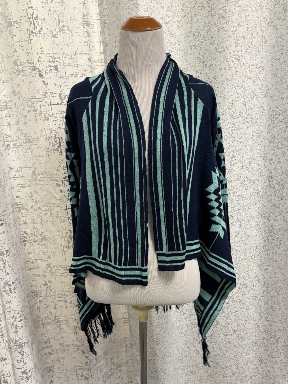 Jessica Simpson Navy and Teal Striped Open-Front Poncho